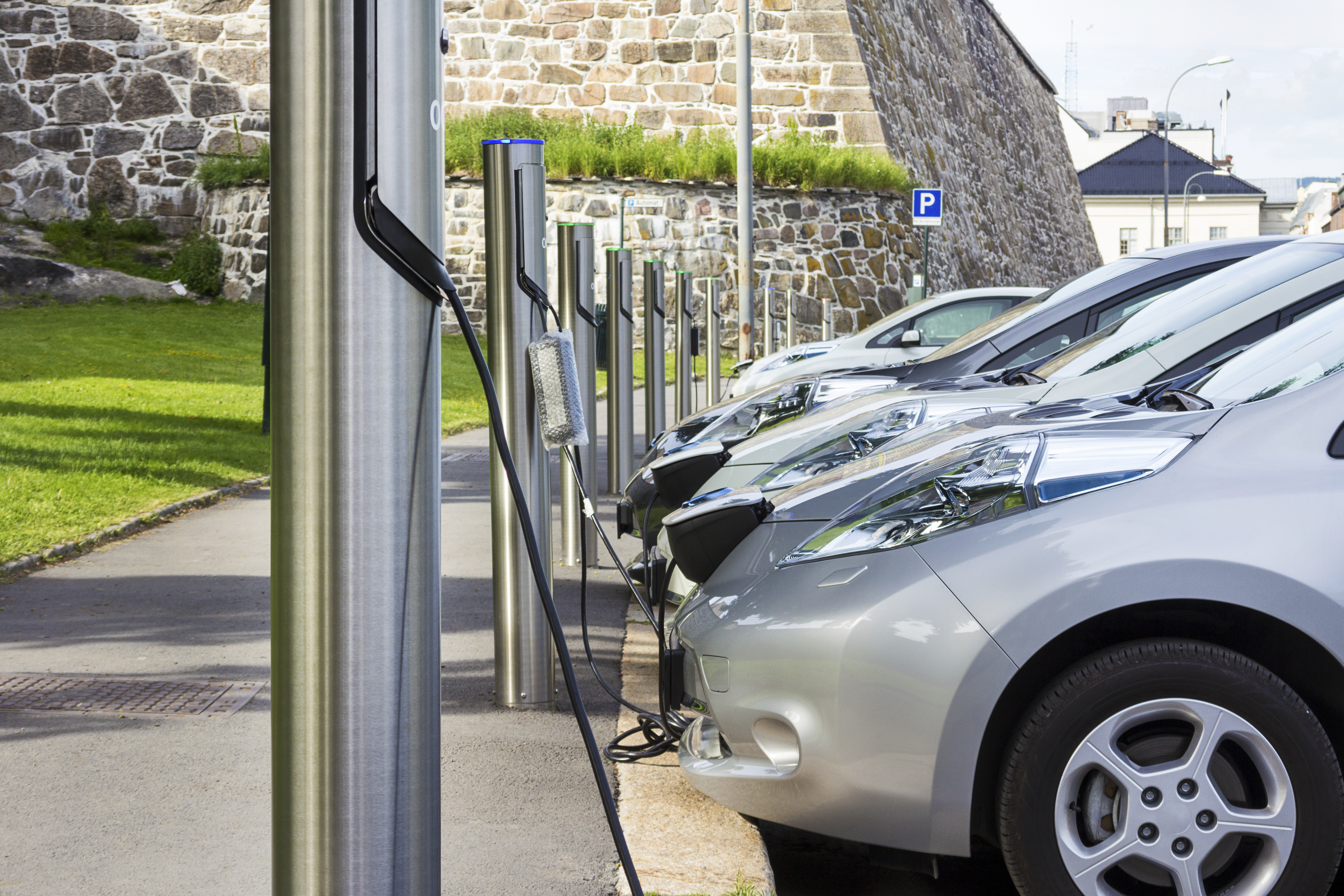 Row of electric vehicles at a charging station