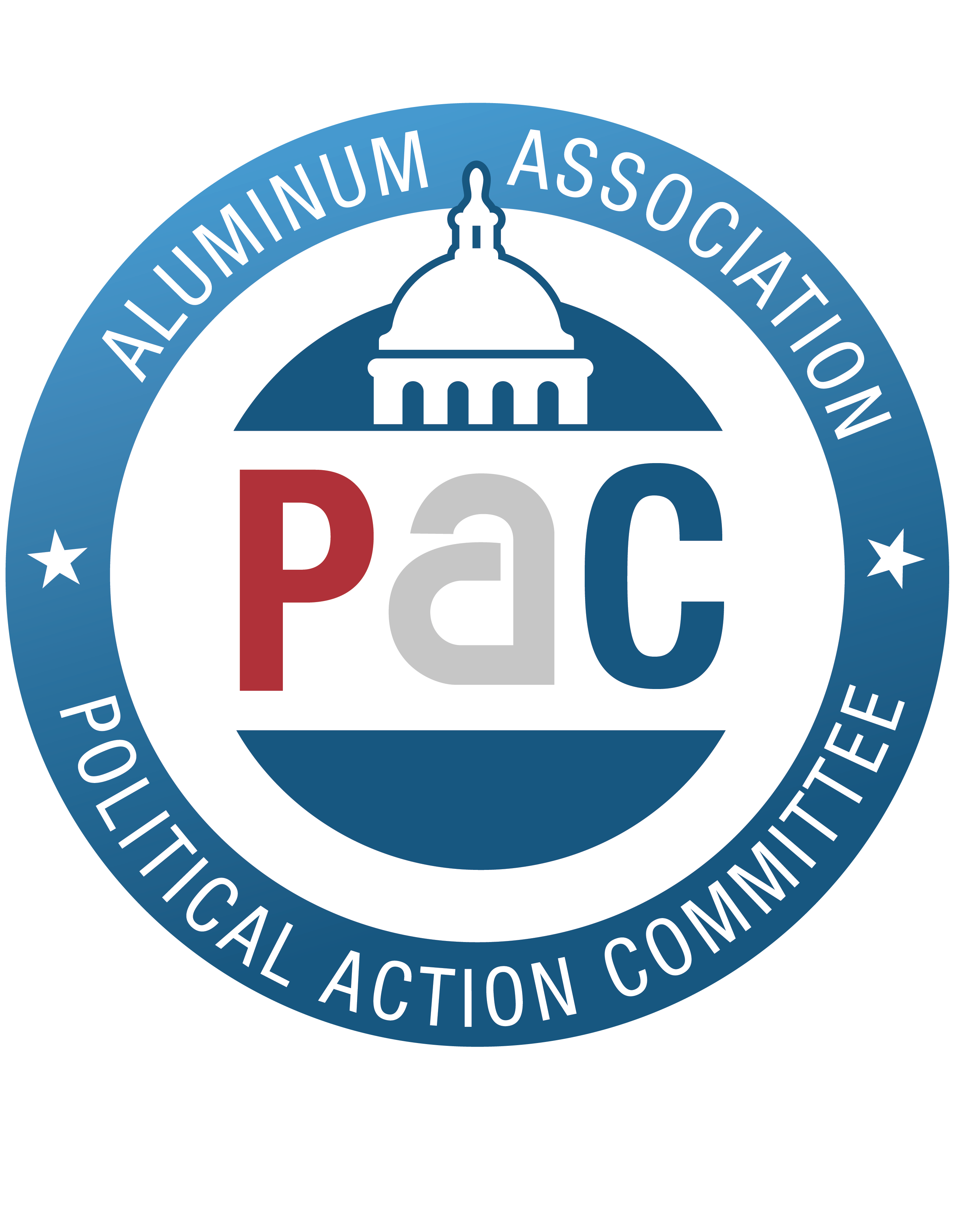Design of capitol dome with PAC letters below surrounded by a blue circle with text on the circle: Aluminum Association Political Action Committee 